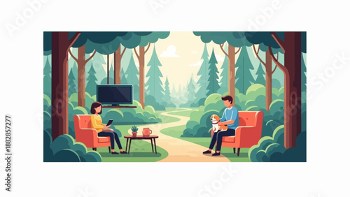 Peaceful forest scene with couple relaxing in armchairs, one with dog