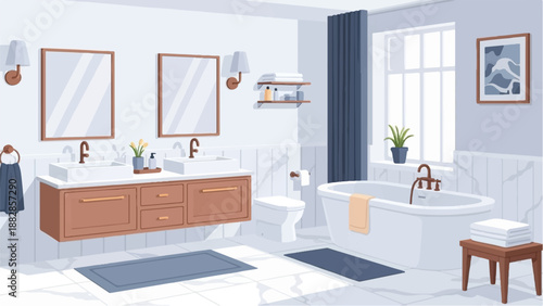 Modern pixelated bathroom with dual sinks, bathtub, and window