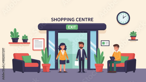 Modern shopping center entrance with people, plants, chairs, and clock