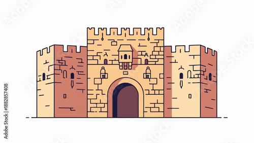 Medieval gatehouse with arched entryway, battlements, and a small turret