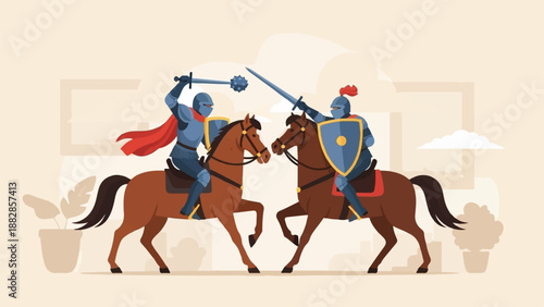 Medieval knights on horseback clash with swords and maces in a duel