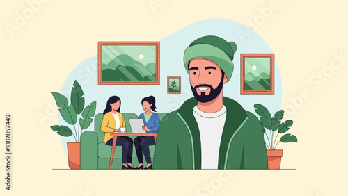 Men with a beanie and jacket, women working with laptop and coffee