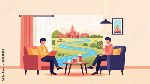 Men relax indoors with laptops and phones, overlooking a scenic landscape