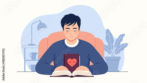 Peaceful person reading a book with a heart on its cover