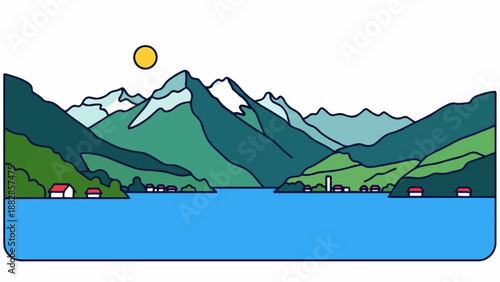 Peaceful mountain village nestled beside a vast, calm lake under a bright sun