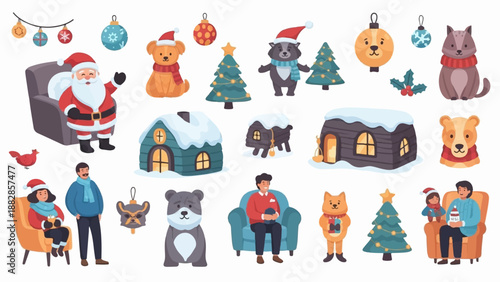 Merry Christmas cartoon elements Santa, animals, trees, houses, and people