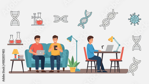 Men working and relaxing at home with scientific symbols