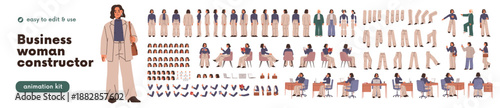 Business woman constructor, body parts and poses set. Office worker, female employee character from different sides, animation elements kit. Flat vector illustration isolated on white background
