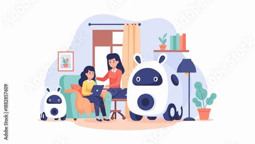 Mother and daughter interact with robots in a modern living room