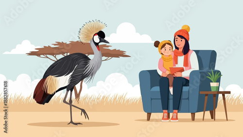 Mother and daughter read book in armchair, while a crowned crane walks nearby