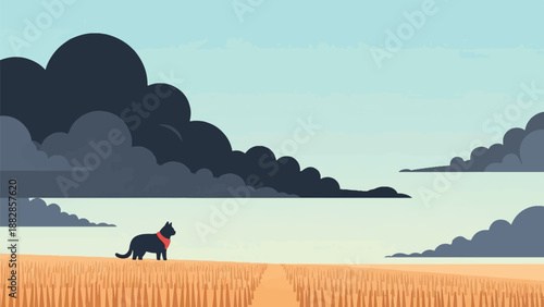 Lone black cat with red collar walks through a golden wheat field under a cloudy sky