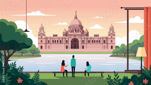 People admire grand historic building across serene water at sunset