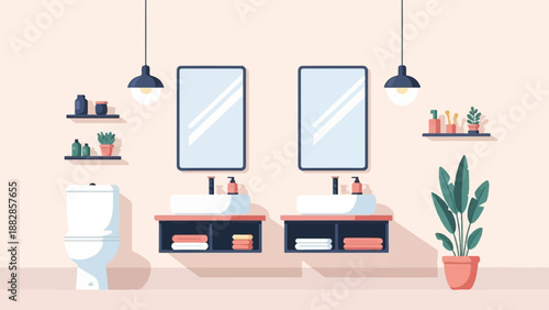 Minimalist bathroom with dual sinks, toilet, plant, and shelves