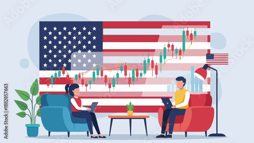 People analyze stock market data in front of a large American flag