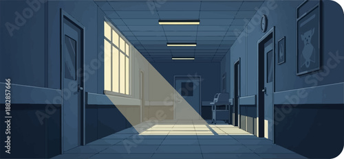 Long, dimly lit corridor with a window casting a bright beam of light