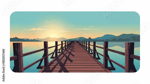 Long wooden pier stretches across calm water towards distant mountains at sunset