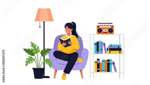 Vector illustration of a woman relaxing and reading a book in a comfortable chair at home, enjoying leisure time