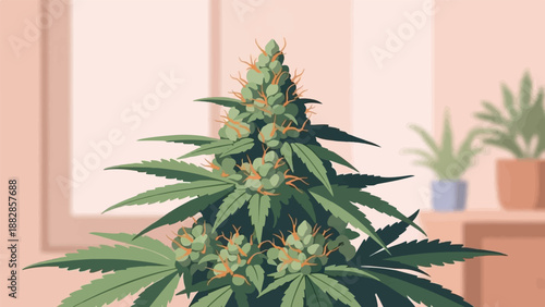 Lush cannabis bud with orange pistils and green leaves, potted plants in background