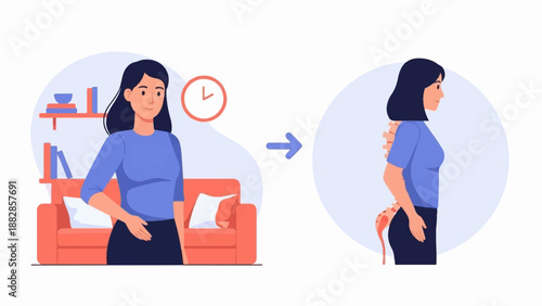 Illustration of a woman's posture change from rounded to upright spine