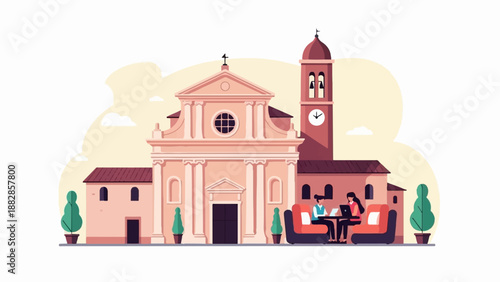 Illustration of people working on laptops outside a European church