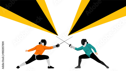 Vector illustration of two fencers in action, engaged in a duel with swords