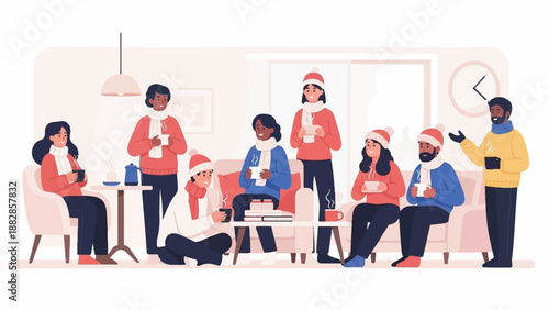 Friends enjoying warm drinks and conversation indoors during winter