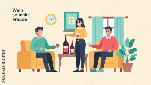 Friends enjoying wine indoors with modern furniture