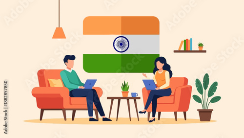 Indian couple working remotely on laptops in a living room