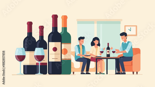 Friends enjoying wine and conversation at a table with bottles