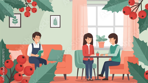 Friends gather in a cozy room adorned with festive holly and berries