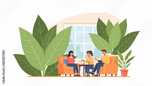 Friends gather indoors with houseplants and a dog