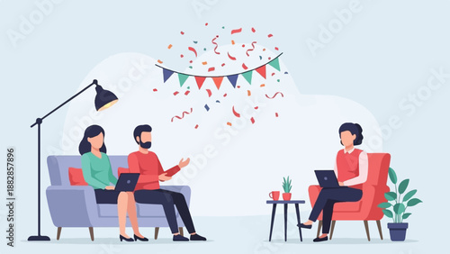 Friends gathered for a casual celebration, enjoying conversation and laptops