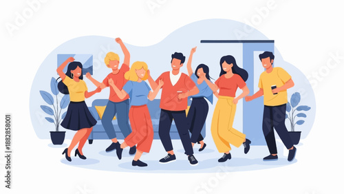 Friends enjoying a lively dance party indoors, with smiles and upbeat energy