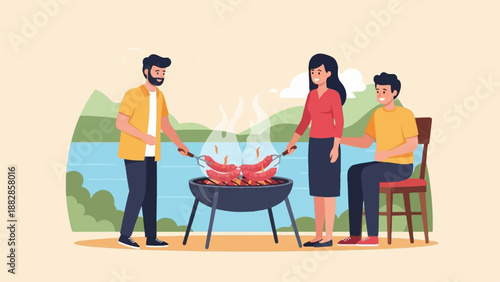 Friends enjoy barbecue by the lake with grilled sausages