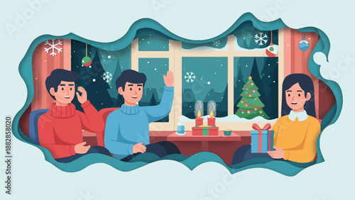 Friends enjoy winter holidays indoors, exchanging gifts by a window