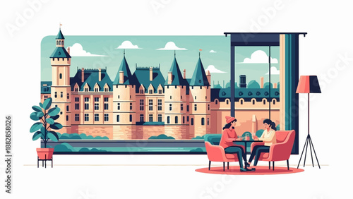 Friends chat over drinks inside with a view of a historic building