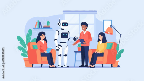 Friendly robot interacts with people in a cozy living room setting