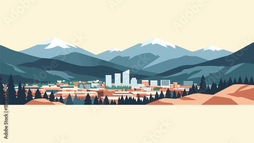 Flat design illustration of a city nestled between mountains and forests