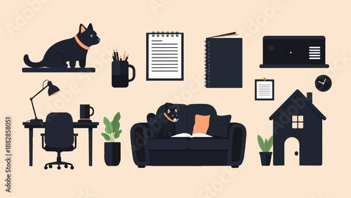 Flat design illustration of a cat, home office, and living room setup