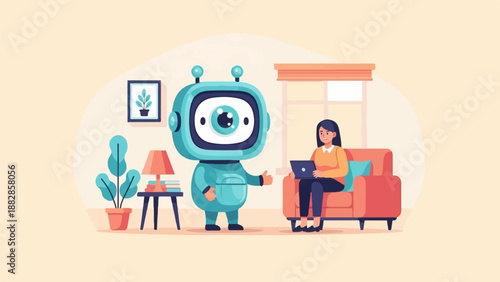 Friendly robot interacts with a woman using a laptop on a couch