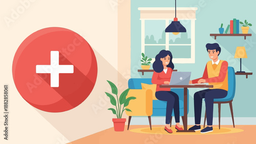 Flat design illustration of a couple working on a laptop at home with a plus sign icon