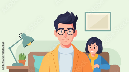Flat design illustration of a man and a girl on a sofa indoors