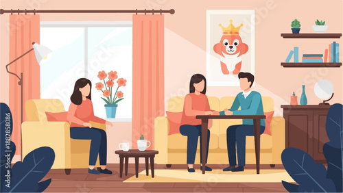 People conversing in a cozy, sunlit living room with modern decor