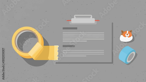 Flat design illustration of office supplies and a dog's face