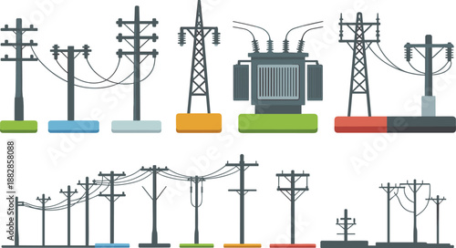 Electric power transmission and distribution poles towers transformers set isolated electricity infrastructure elements flat vector illustration