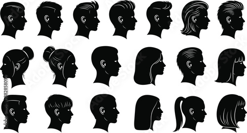 Set of male and female profile silhouette heads with various hairstyles, black vector icons collection for avatar design, barbershop, beauty salon, and identity concepts.