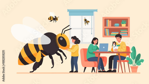 Friendly giant bee interacts with people working indoors