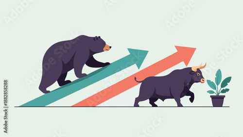 Flat illustration of a bear and bull with upward arrows