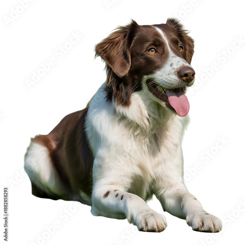 Brown and white dog lying down with tongue out  happy dog
