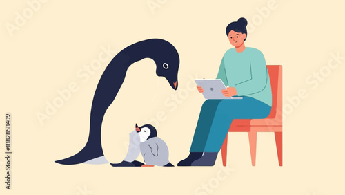 Flat illustration of a person with laptop and two penguins, one adult and a chick